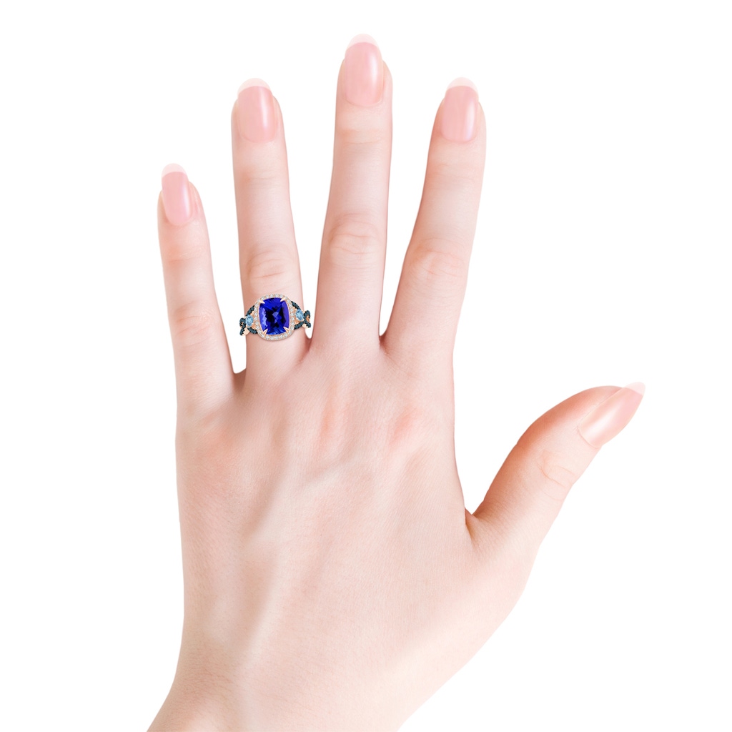 10x8mm AAAA Tanzanite and Aquamarine Crossover Ring with Halo in Rose Gold Body-Hand