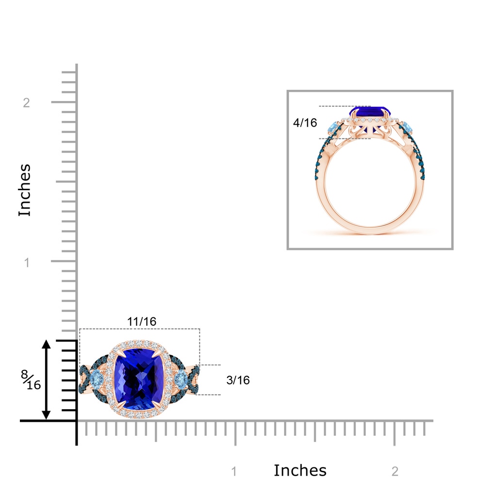 10x8mm AAAA Tanzanite and Aquamarine Crossover Ring with Halo in Rose Gold Ruler