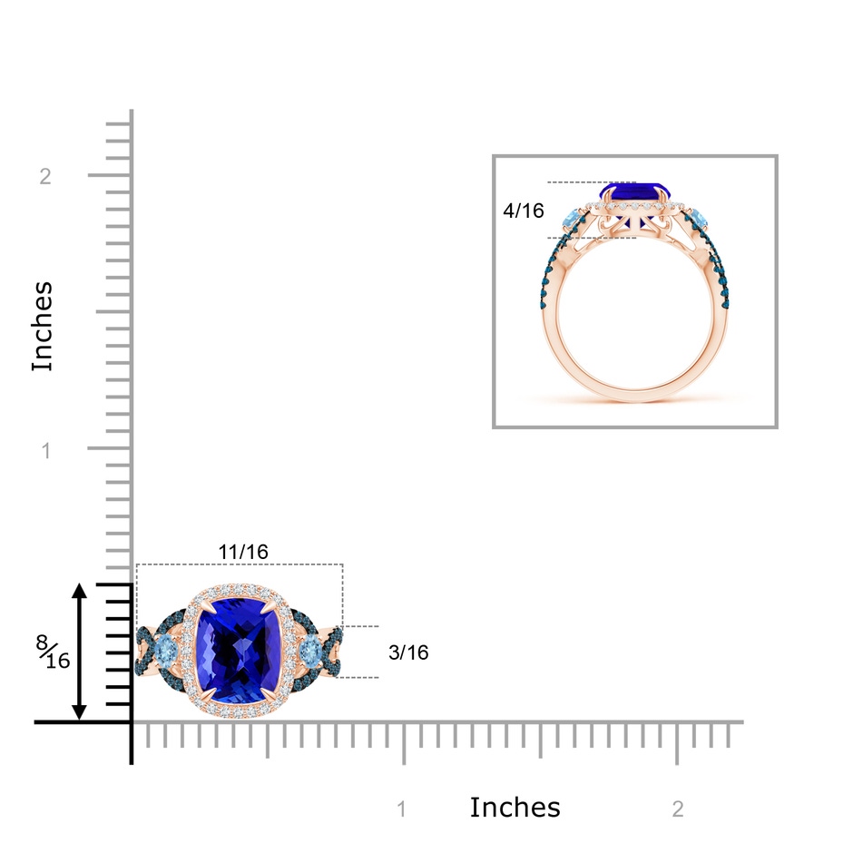 10x8mm AAAA Tanzanite and Aquamarine Crossover Ring with Halo in Rose Gold ruler