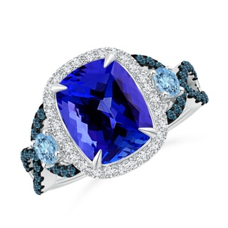 10x8mm AAAA Tanzanite and Aquamarine Crossover Ring with Halo in White Gold