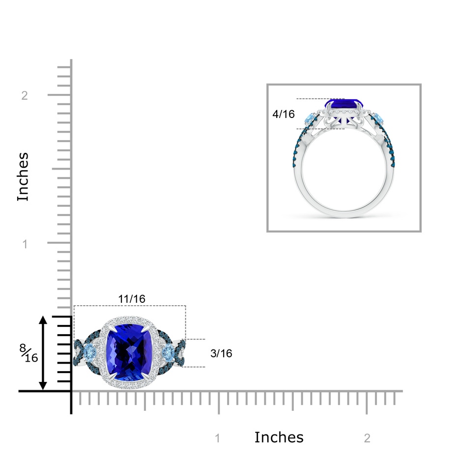 10x8mm AAAA Tanzanite and Aquamarine Crossover Ring with Halo in White Gold ruler