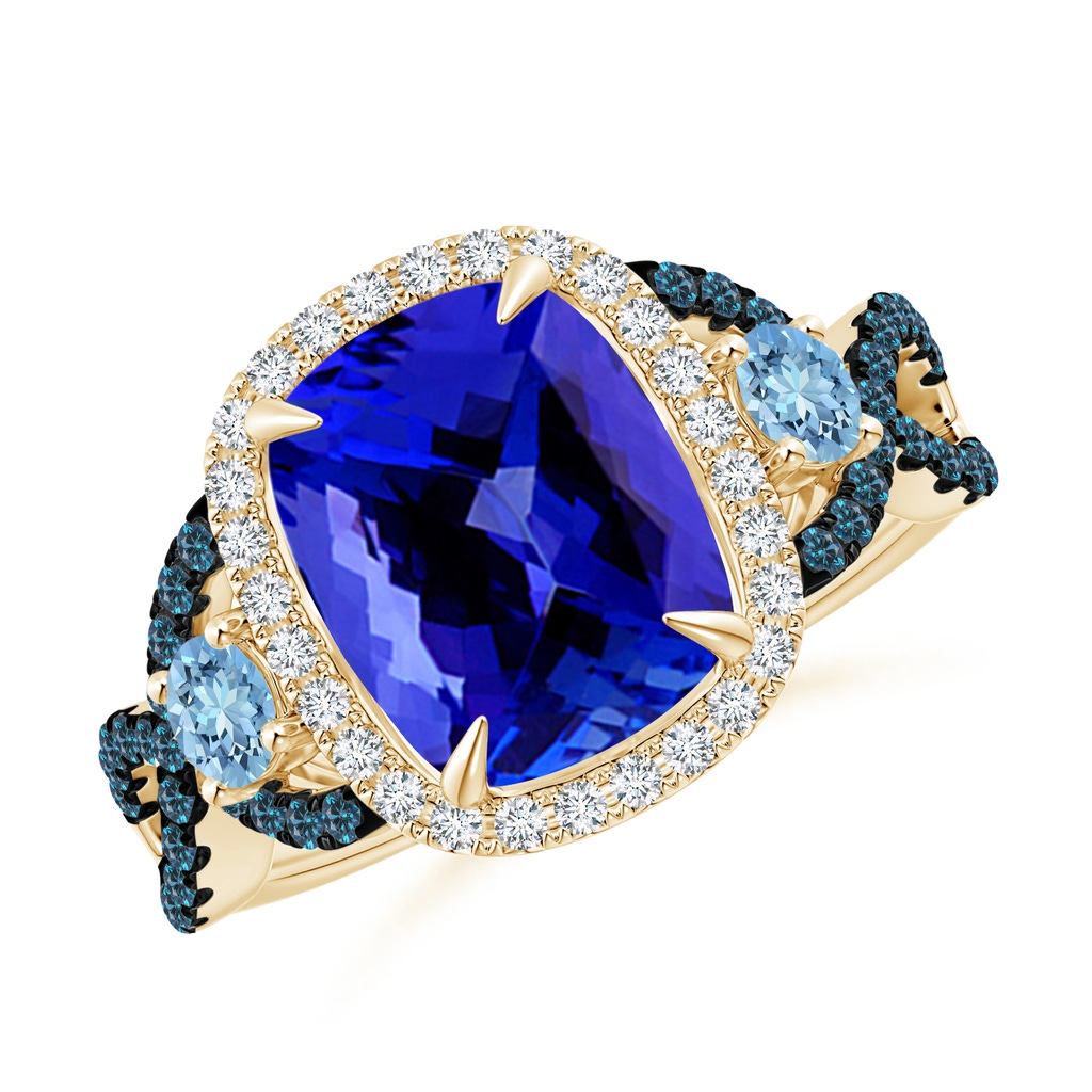 10x8mm AAAA Tanzanite and Aquamarine Crossover Ring with Halo in Yellow Gold
