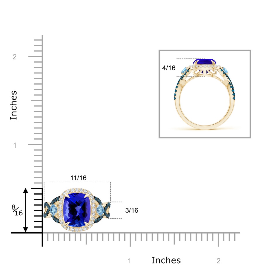 10x8mm AAAA Tanzanite and Aquamarine Crossover Ring with Halo in Yellow Gold ruler