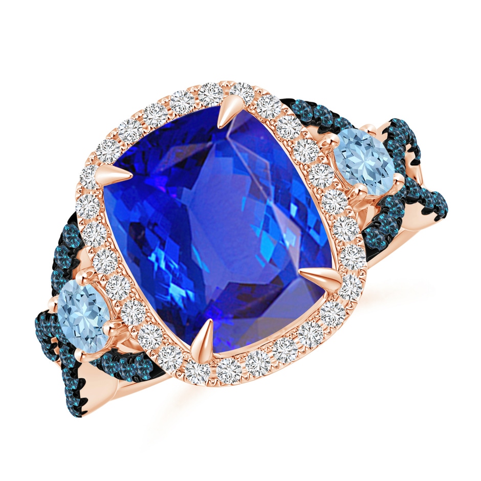11x9mm AAA Tanzanite and Aquamarine Crossover Ring with Halo in Rose Gold 