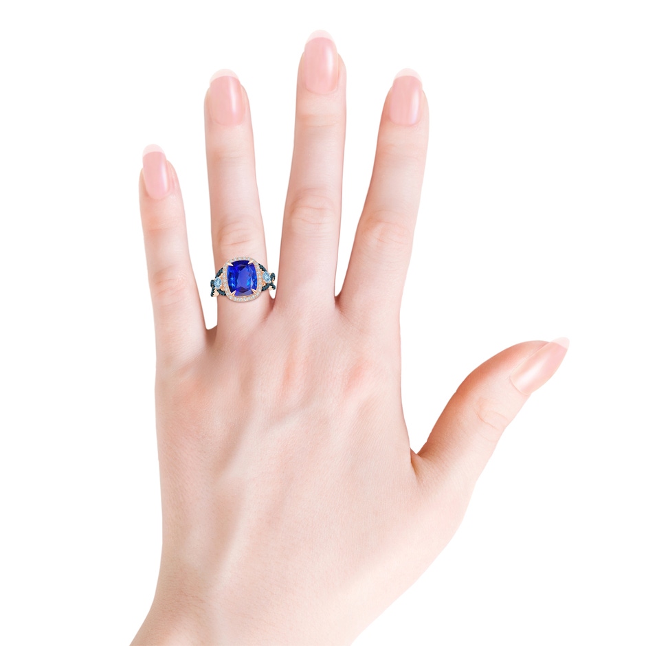 11x9mm AAA Tanzanite and Aquamarine Crossover Ring with Halo in Rose Gold body-hand
