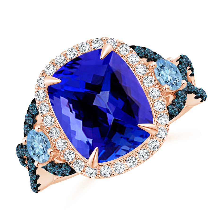 11x9mm AAAA Tanzanite and Aquamarine Crossover Ring with Halo in Rose Gold 