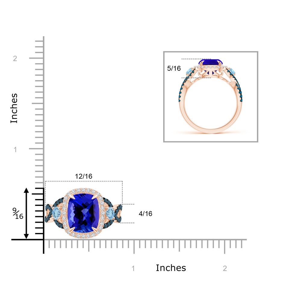 11x9mm AAAA Tanzanite and Aquamarine Crossover Ring with Halo in Rose Gold ruler