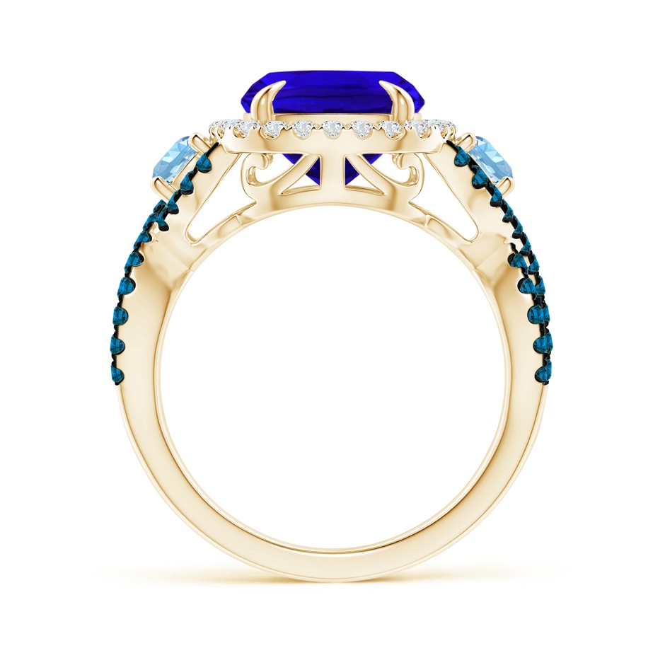 11x9mm AAAA Tanzanite and Aquamarine Crossover Ring with Halo in Yellow Gold side-1