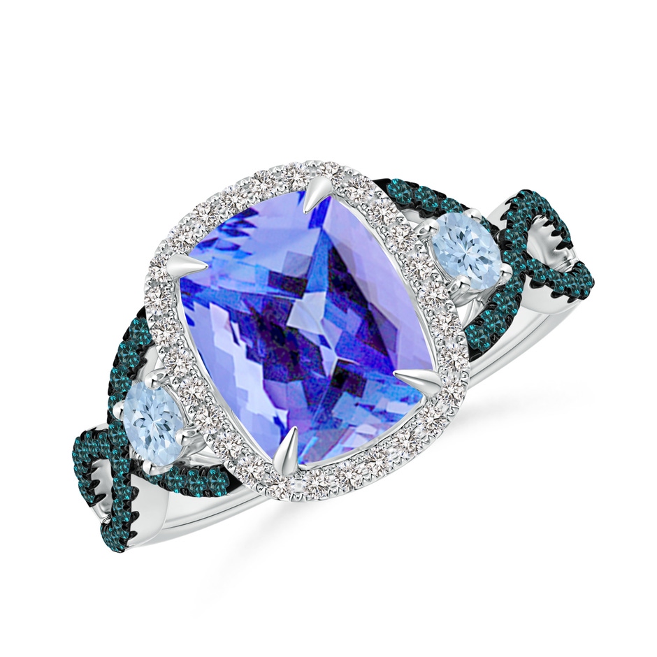 9x7mm AA Tanzanite and Aquamarine Crossover Ring with Halo in White Gold 