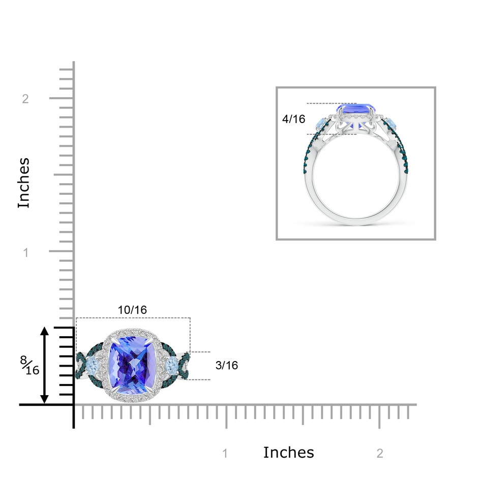 9x7mm AA Tanzanite and Aquamarine Crossover Ring with Halo in White Gold ruler