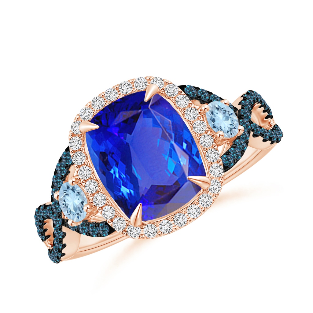 9x7mm AAA Tanzanite and Aquamarine Crossover Ring with Halo in Rose Gold
