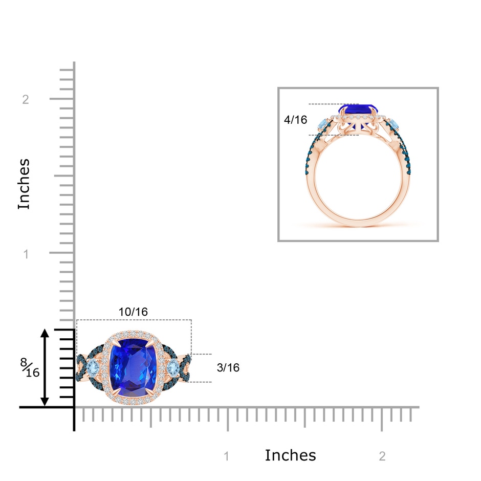 9x7mm AAA Tanzanite and Aquamarine Crossover Ring with Halo in Rose Gold ruler