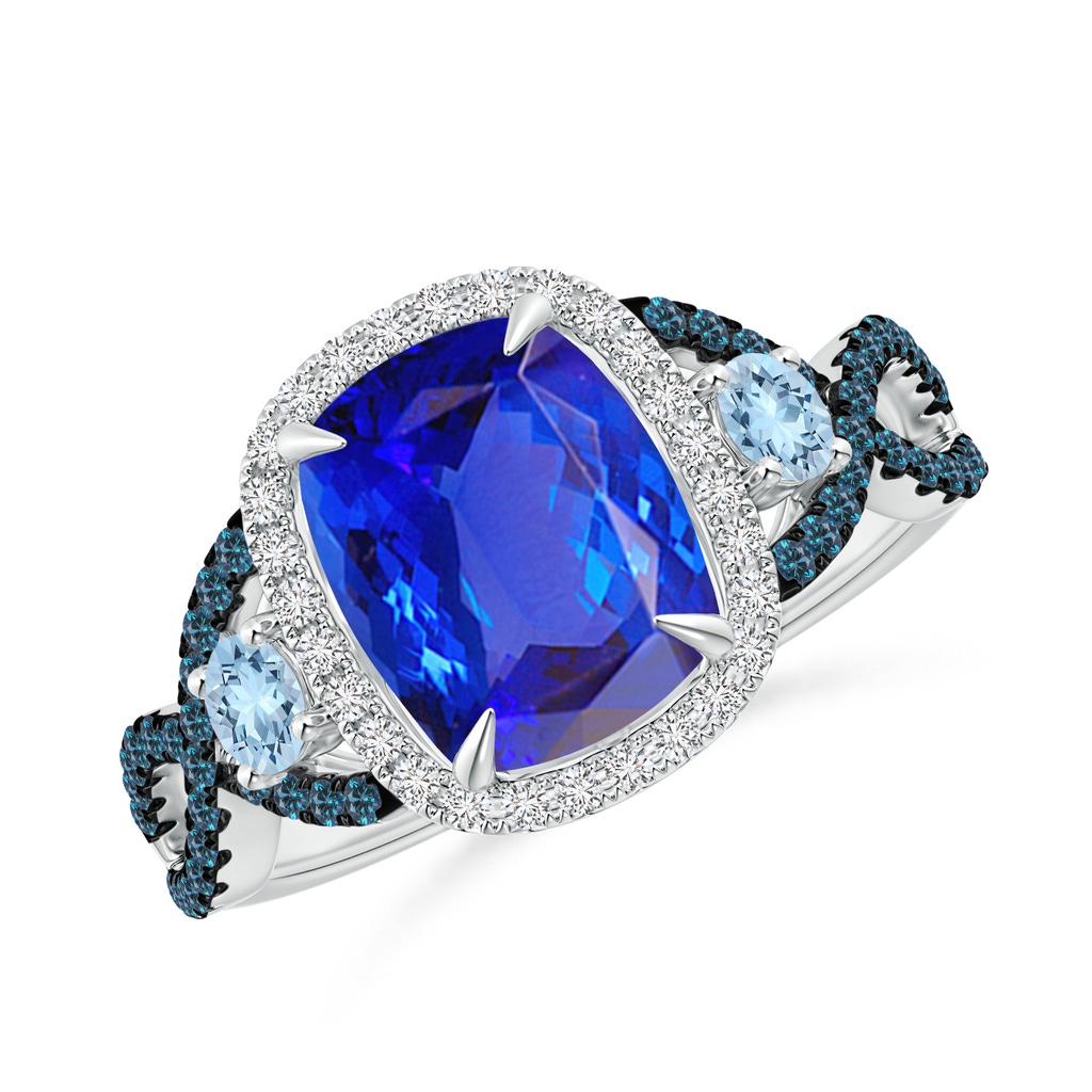 9x7mm AAA Tanzanite and Aquamarine Crossover Ring with Halo in White Gold