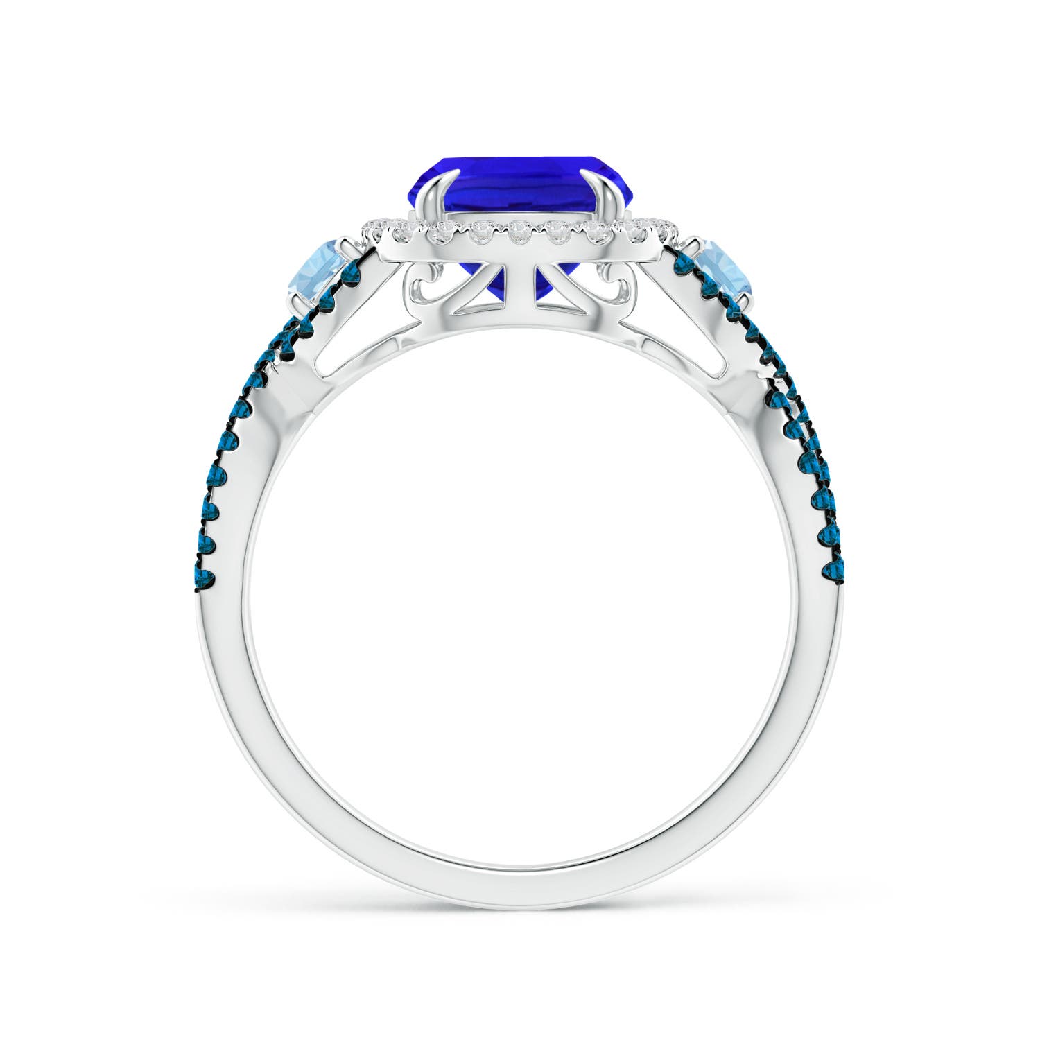 9x7mm AAA Tanzanite and Aquamarine Crossover Ring with Halo in White Gold - side 1