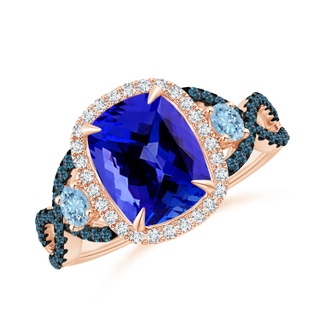 9x7mm AAAA Tanzanite and Aquamarine Crossover Ring with Halo in Rose Gold