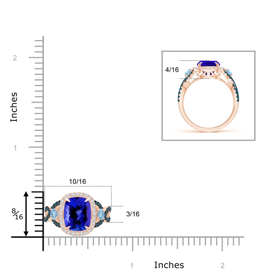 9x7mm AAAA Tanzanite and Aquamarine Crossover Ring with Halo in Rose Gold ruler