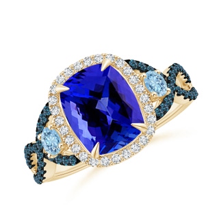 9x7mm AAAA Tanzanite and Aquamarine Crossover Ring with Halo in Yellow Gold