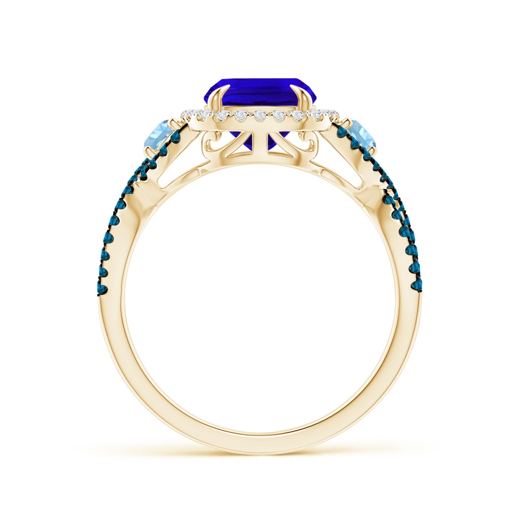 9x7mm AAAA Tanzanite and Aquamarine Crossover Ring with Halo in Yellow Gold Side-1