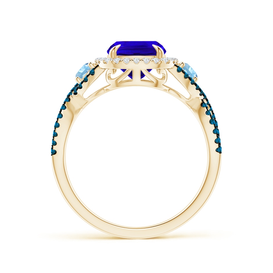 9x7mm AAAA Tanzanite and Aquamarine Crossover Ring with Halo in Yellow Gold side-1