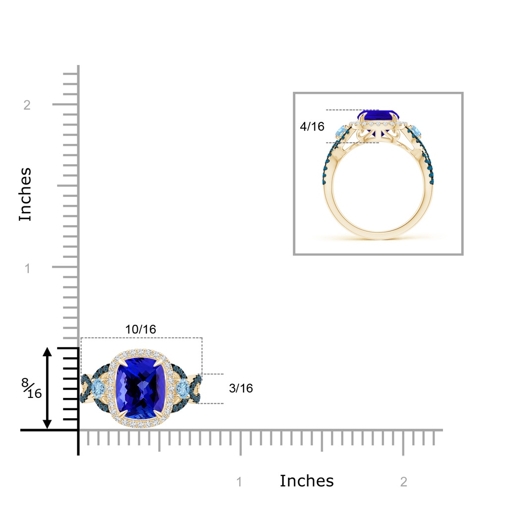 9x7mm AAAA Tanzanite and Aquamarine Crossover Ring with Halo in Yellow Gold Ruler