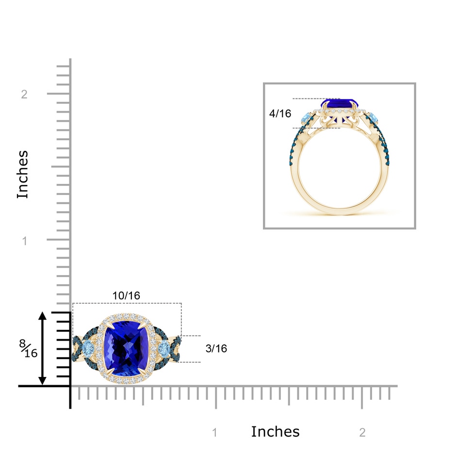 9x7mm AAAA Tanzanite and Aquamarine Crossover Ring with Halo in Yellow Gold ruler