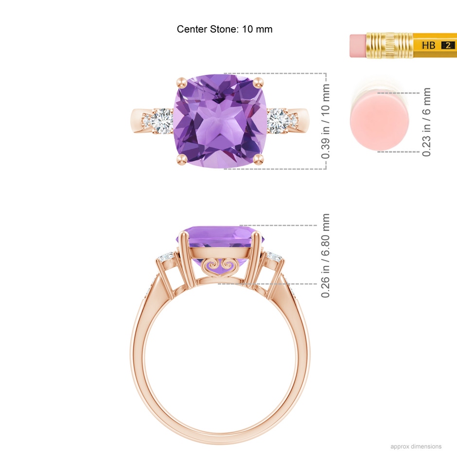 10mm A Cushion Amethyst Solitaire Ring with Diamond Accents in Rose Gold ruler