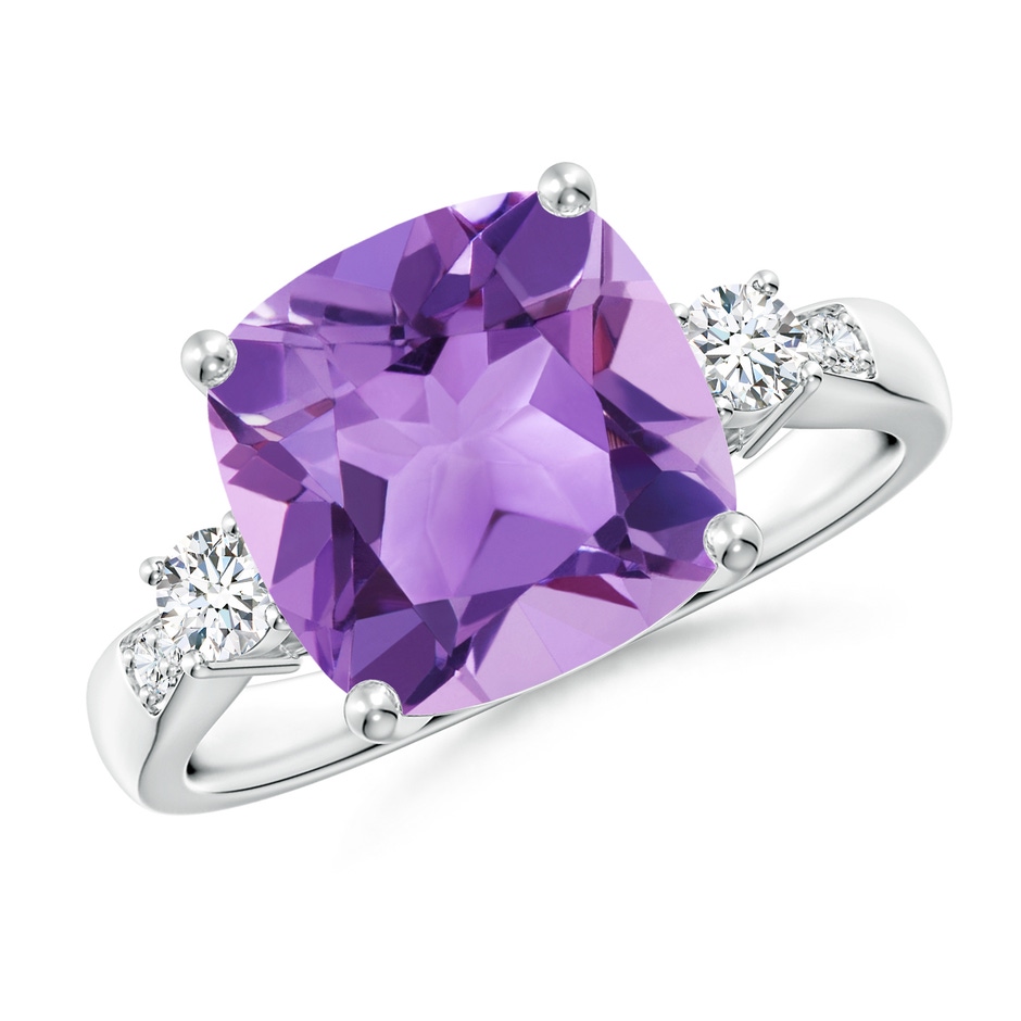 10mm A Cushion Amethyst Solitaire Ring with Diamond Accents in White Gold 