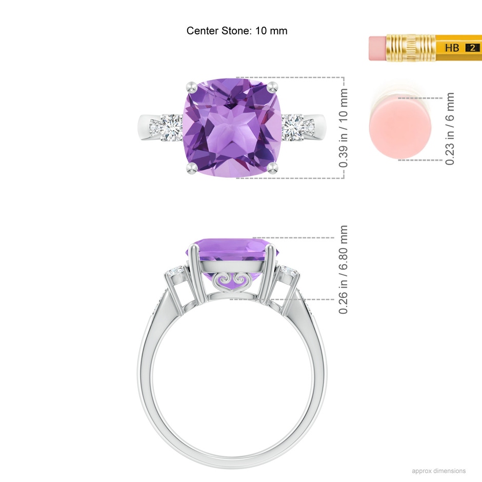 10mm A Cushion Amethyst Solitaire Ring with Diamond Accents in White Gold ruler