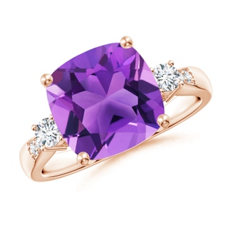 10mm AAA Cushion Amethyst Solitaire Ring with Diamond Accents in Rose Gold