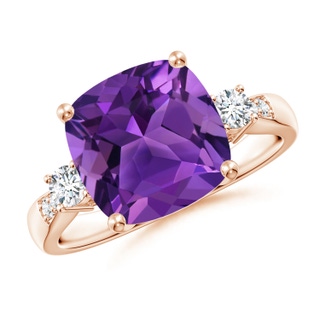 10mm AAAA Cushion Amethyst Solitaire Ring with Diamond Accents in Rose Gold