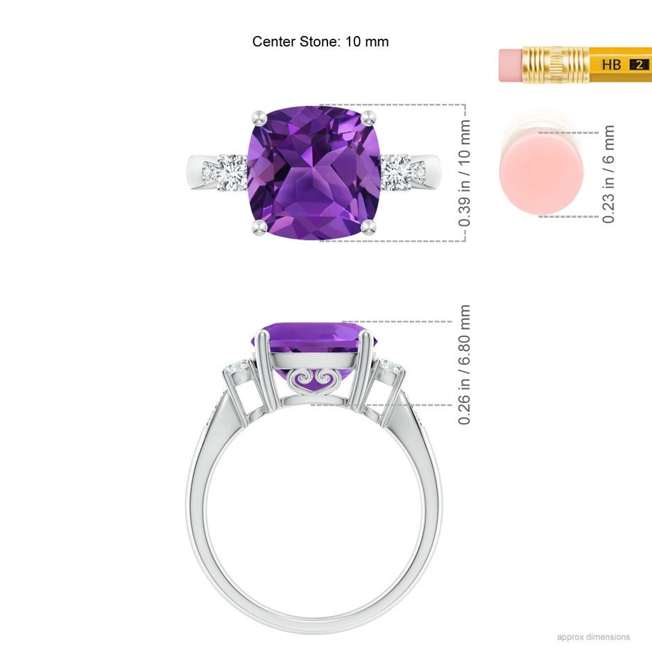 10mm AAAA Cushion Amethyst Solitaire Ring with Diamond Accents in White Gold ruler