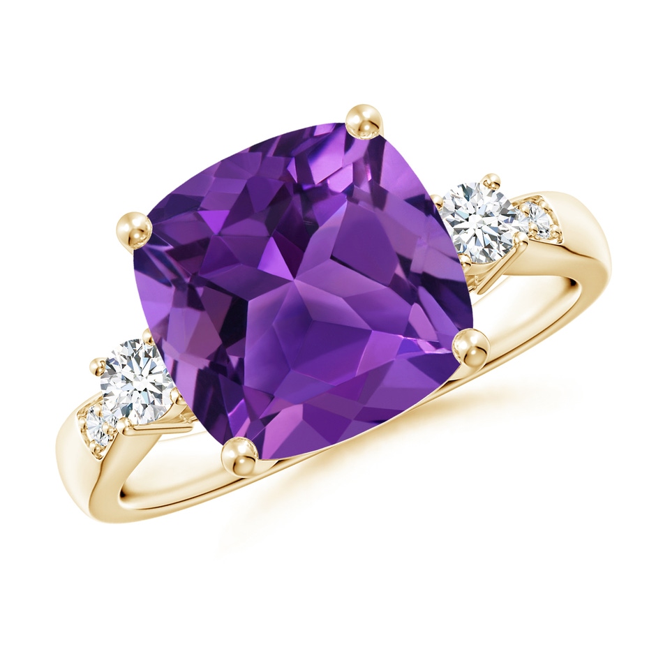 10mm AAAA Cushion Amethyst Solitaire Ring with Diamond Accents in Yellow Gold 