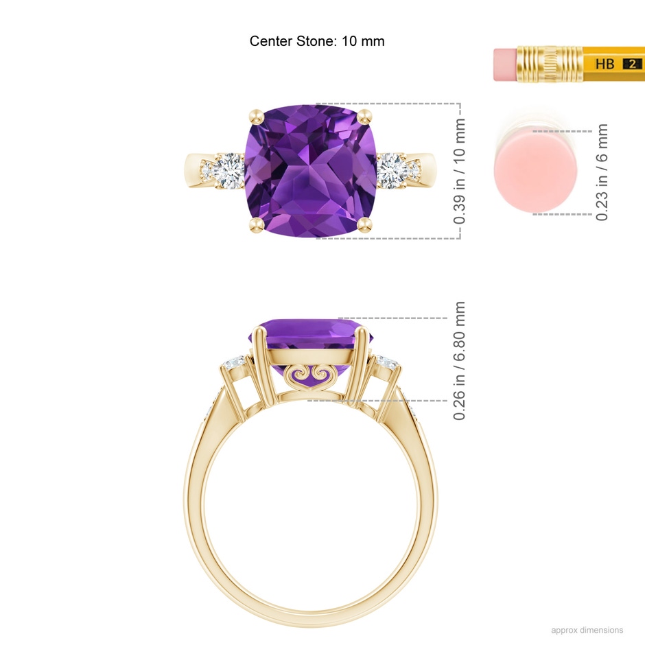 10mm AAAA Cushion Amethyst Solitaire Ring with Diamond Accents in Yellow Gold ruler