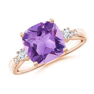 9mm A Cushion Amethyst Solitaire Ring with Diamond Accents in 10K Rose Gold