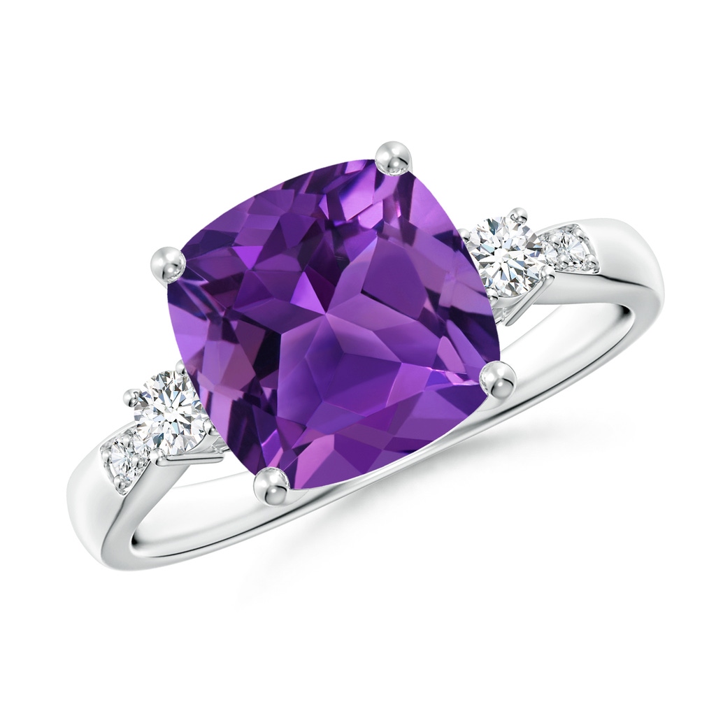 9mm AAAA Cushion Amethyst Solitaire Ring with Diamond Accents in 10K White Gold