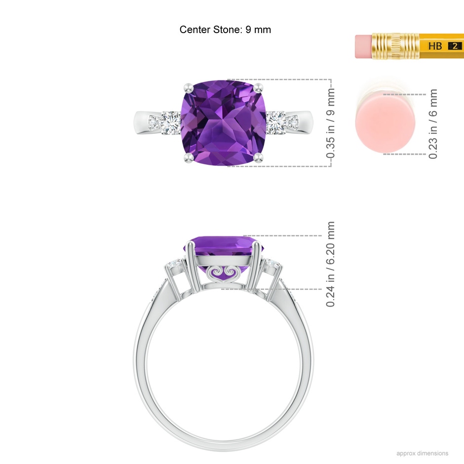 9mm AAAA Cushion Amethyst Solitaire Ring with Diamond Accents in 10K White Gold ruler