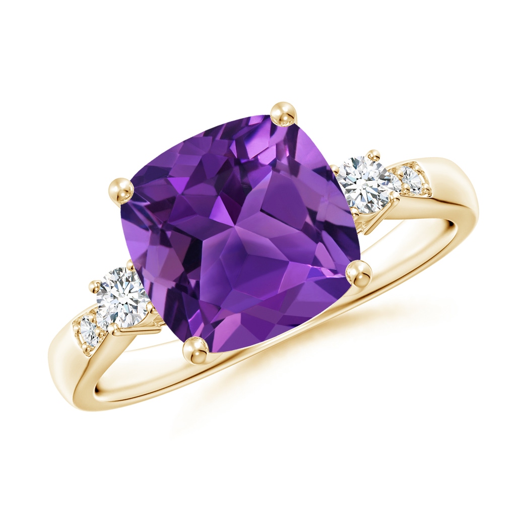 9mm AAAA Cushion Amethyst Solitaire Ring with Diamond Accents in Yellow Gold