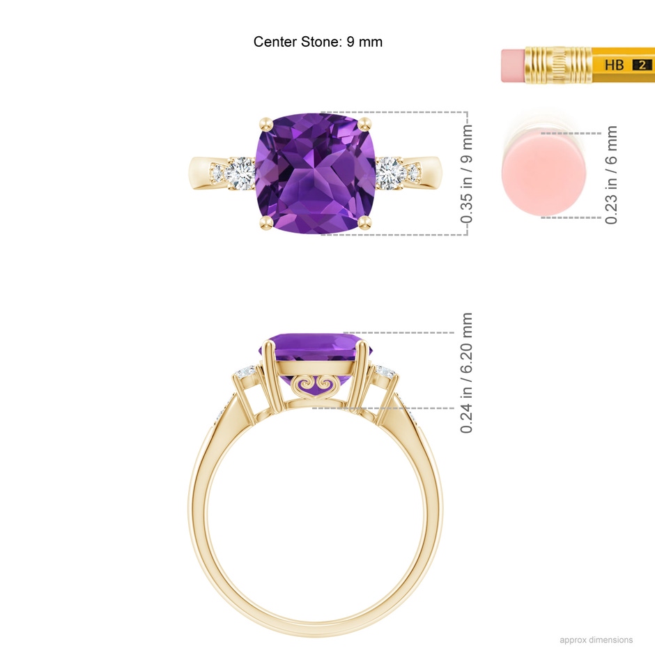 9mm AAAA Cushion Amethyst Solitaire Ring with Diamond Accents in Yellow Gold ruler