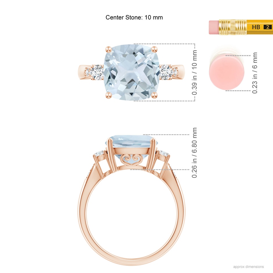 10mm A Cushion Aquamarine Solitaire Ring with Diamond Accents in Rose Gold ruler