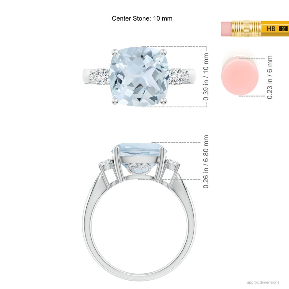 10mm A Cushion Aquamarine Solitaire Ring with Diamond Accents in White Gold ruler