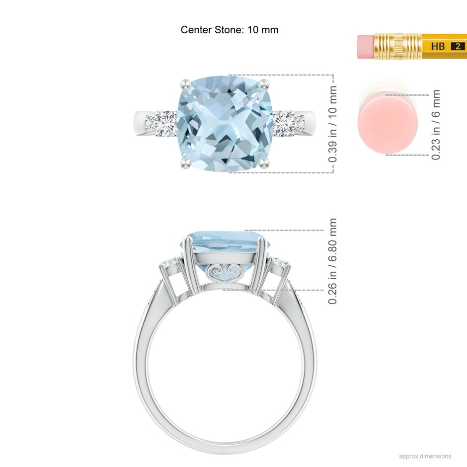 10mm AA Cushion Aquamarine Solitaire Ring with Diamond Accents in 10K White Gold ruler
