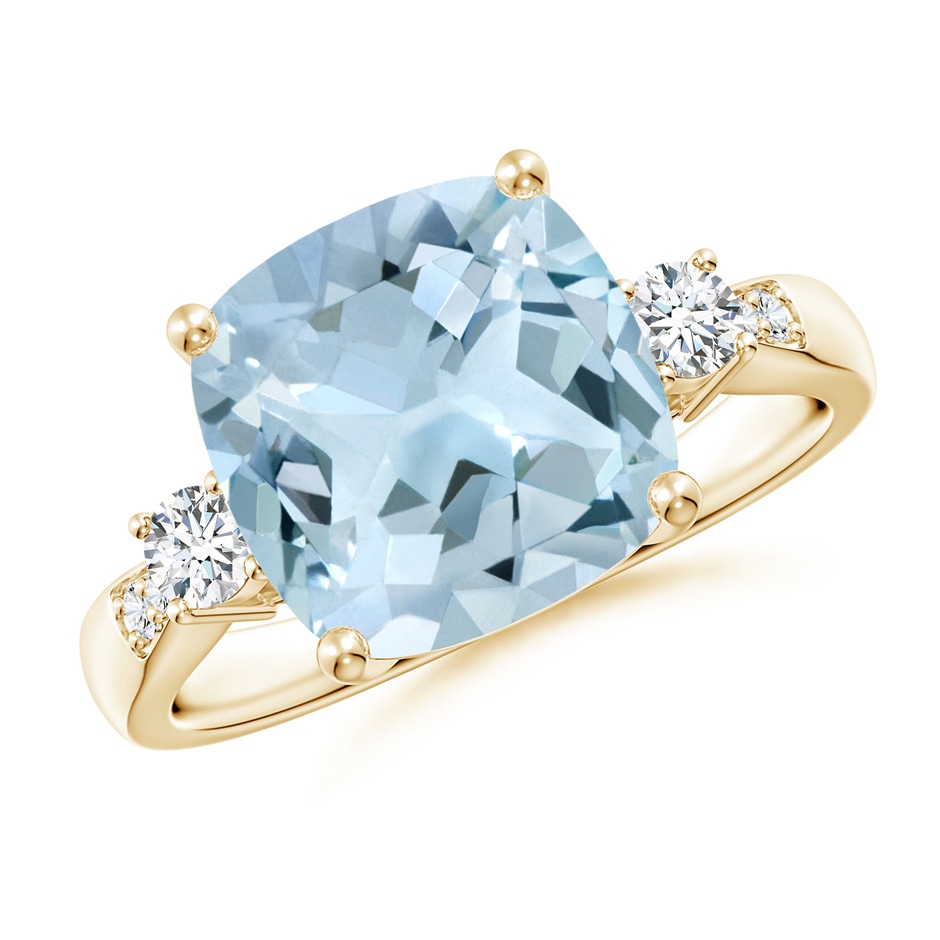 10mm AA Cushion Aquamarine Solitaire Ring with Diamond Accents in Yellow Gold 