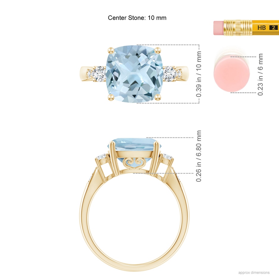10mm AA Cushion Aquamarine Solitaire Ring with Diamond Accents in Yellow Gold ruler