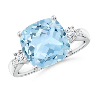 10mm AAA Cushion Aquamarine Solitaire Ring with Diamond Accents in White Gold