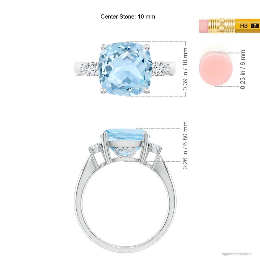 10mm AAA Cushion Aquamarine Solitaire Ring with Diamond Accents in White Gold Ruler