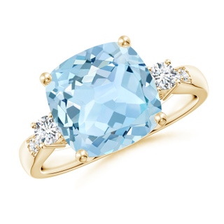 10mm AAA Cushion Aquamarine Solitaire Ring with Diamond Accents in Yellow Gold