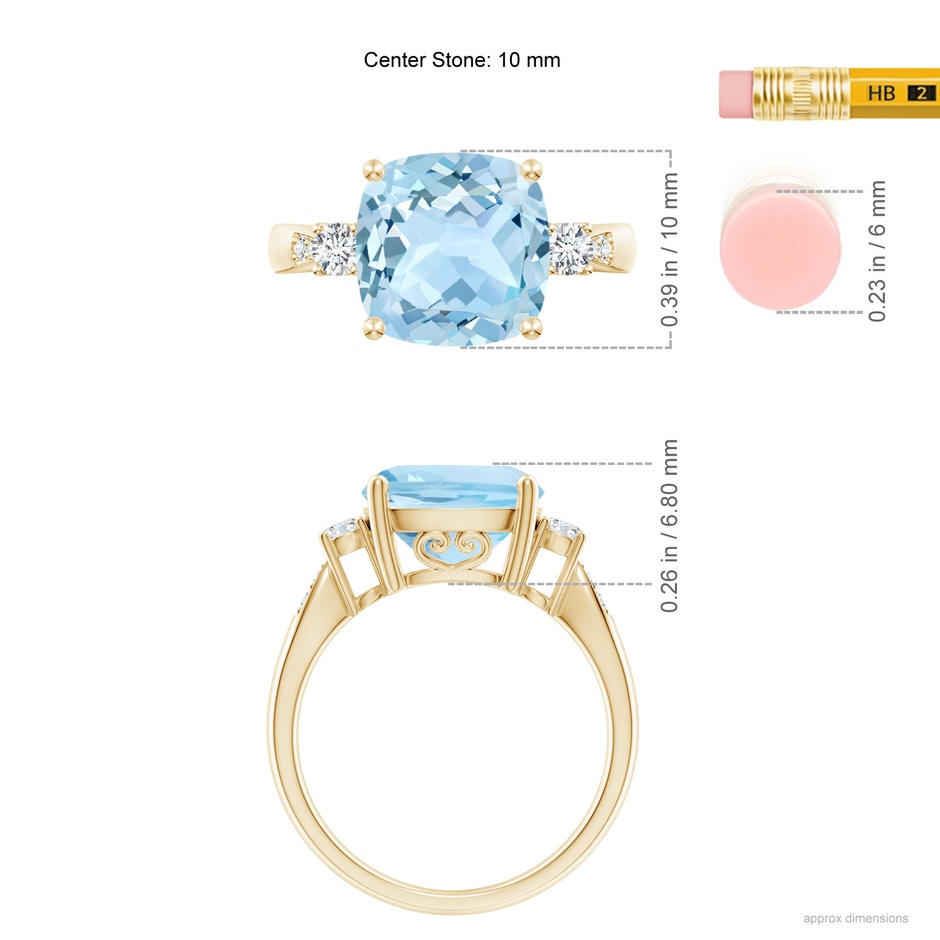 10mm AAA Cushion Aquamarine Solitaire Ring with Diamond Accents in Yellow Gold ruler