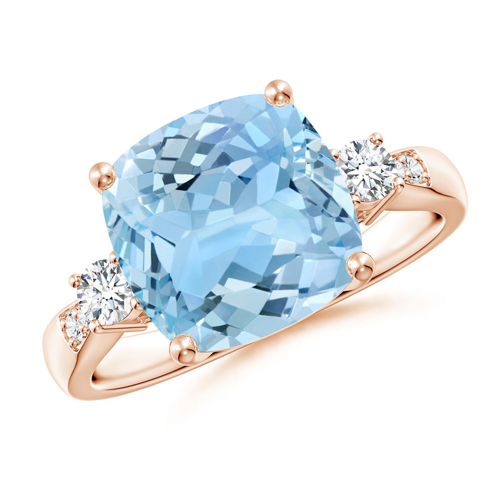 10mm AAAA Cushion Aquamarine Solitaire Ring with Diamond Accents in Rose Gold