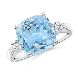 10mm AAAA Cushion Aquamarine Solitaire Ring with Diamond Accents in White Gold