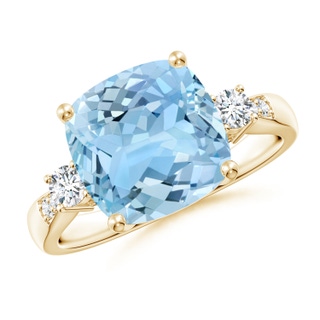 10mm AAAA Cushion Aquamarine Solitaire Ring with Diamond Accents in Yellow Gold